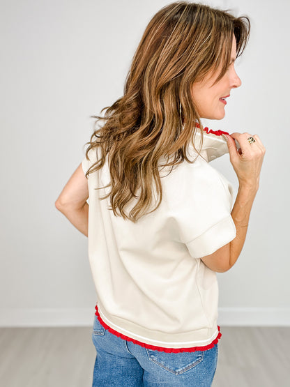 Cap Sleeve Luxeknit Ruffle Trim Snap Button Neckline Top