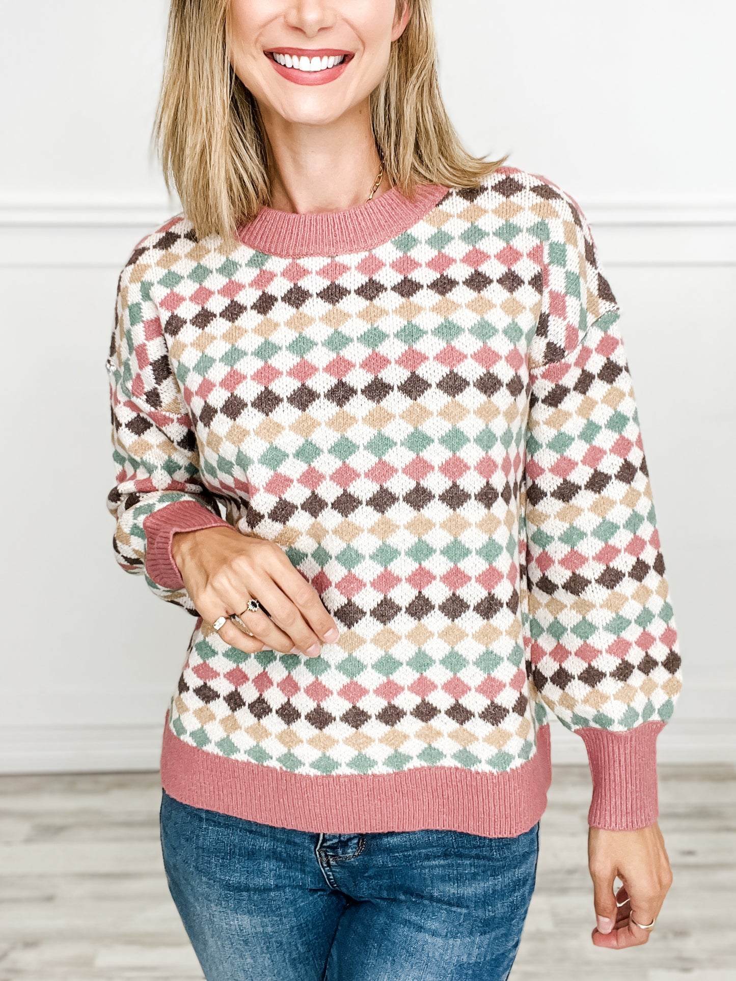 Patterned Multi Colorblock Crewneck Pullover Sweater