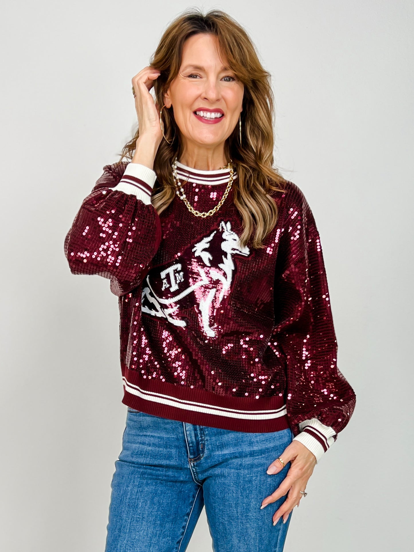 Queen Of Sparkles Licensed Texas A&M Full Sequin Mascot Sweater
