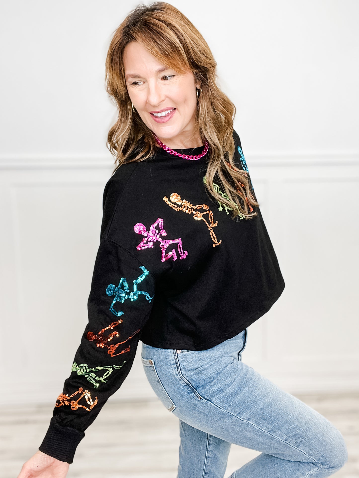 Dancing Skeletons Sequins Embroidery Sweatshirt