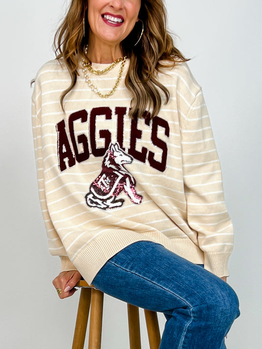 Queen Of Sparkles Texas A&M Beige Stripe Vintage Team Sweater