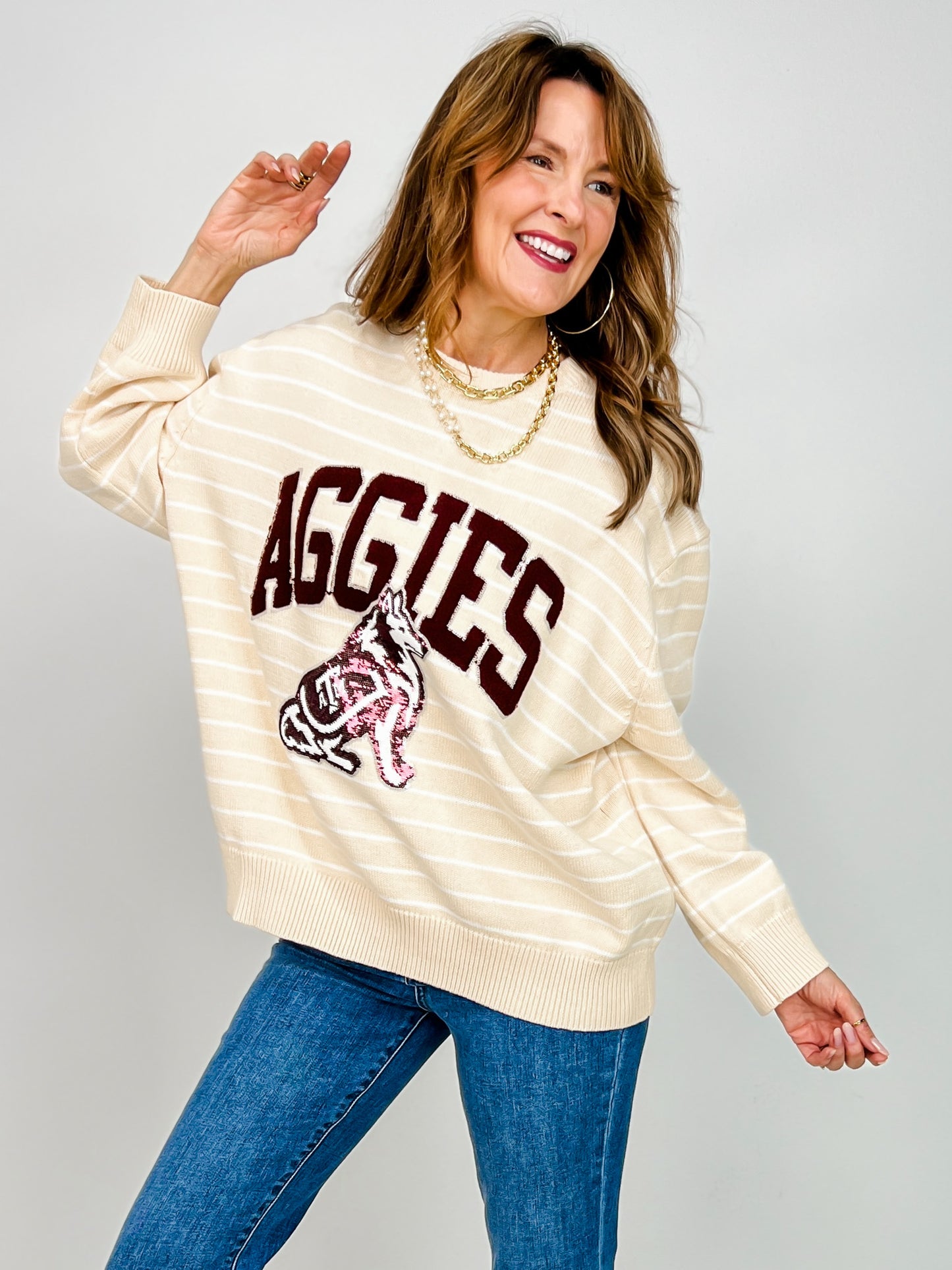 Queen Of Sparkles Texas A&M Beige Stripe Vintage Team Sweater