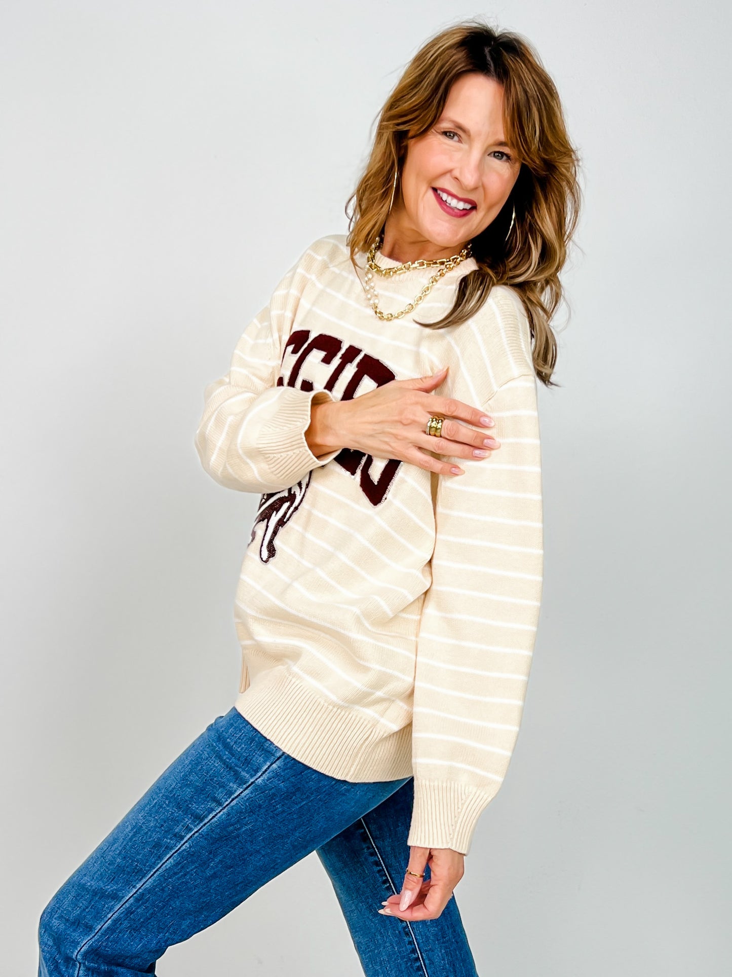 Queen Of Sparkles Texas A&M Beige Stripe Vintage Team Sweater