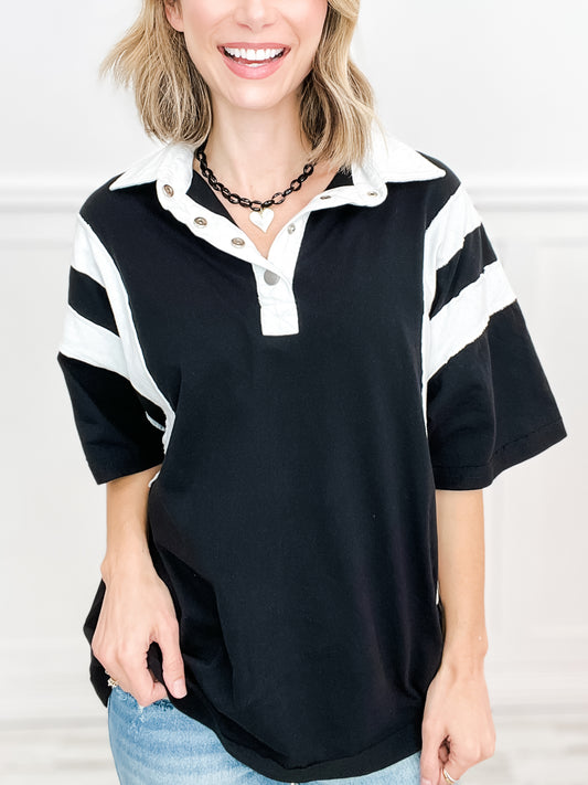 Short Sleeve Contrast Color Collared Top