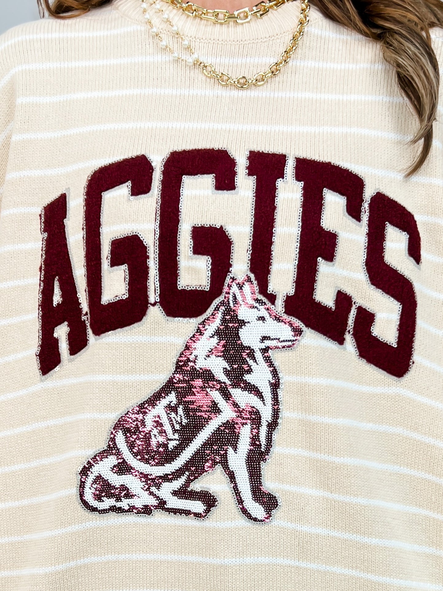 Queen Of Sparkles Texas A&M Beige Stripe Vintage Team Sweater