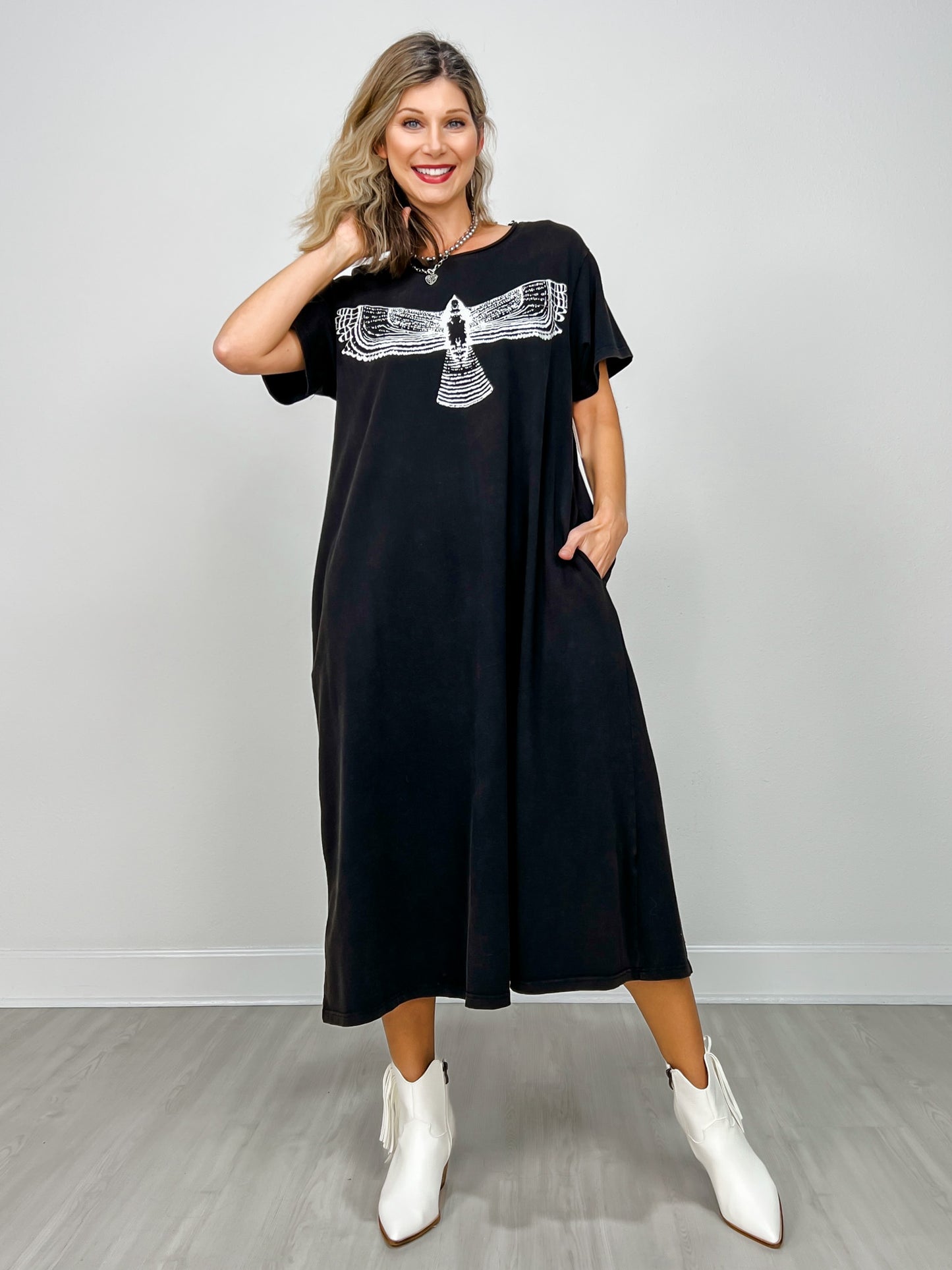 Eagle Print Short Sleeve Midi Dress
