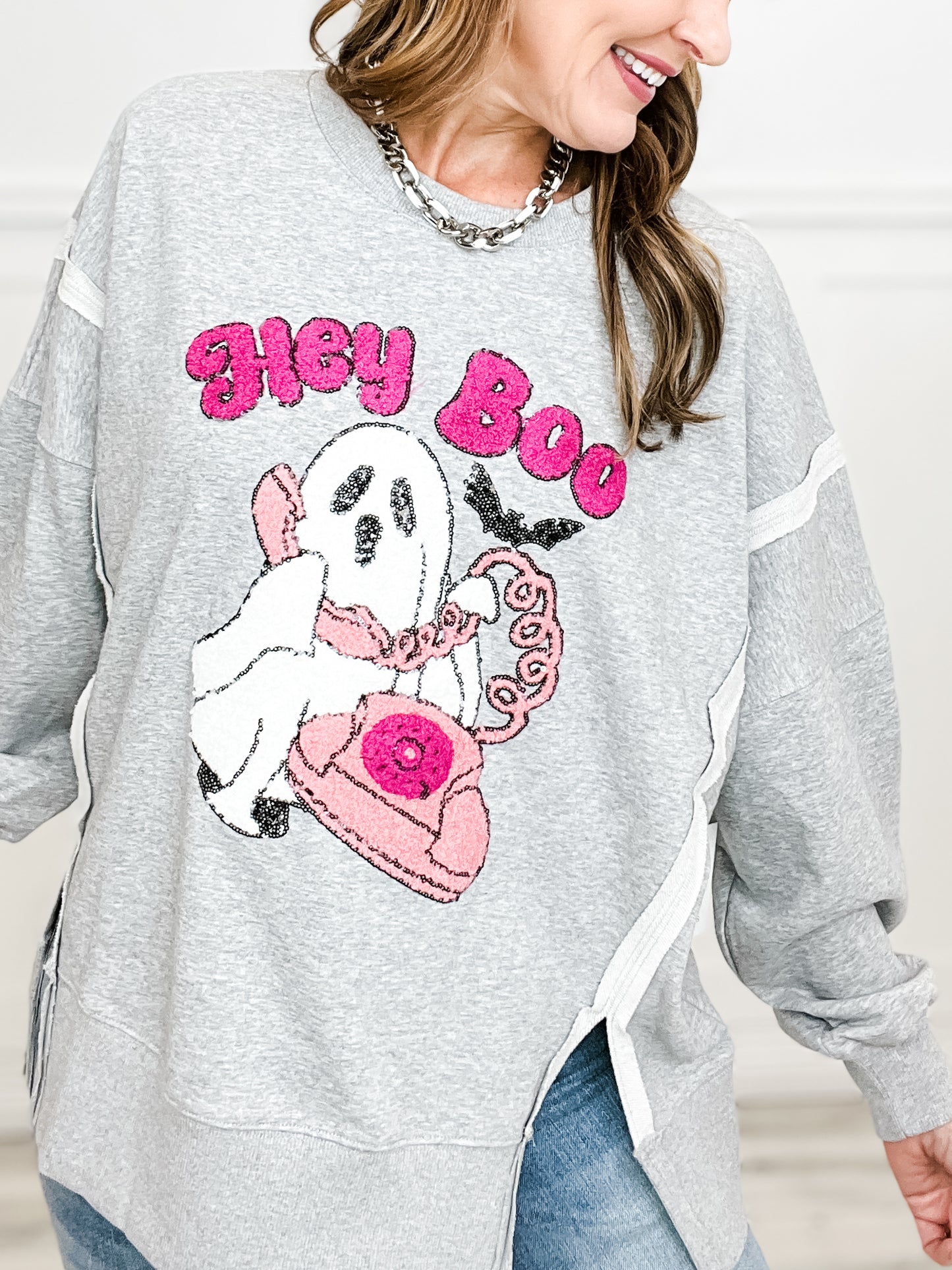 Hey Boo Towel & Sequins Embroidery Sweatshirt