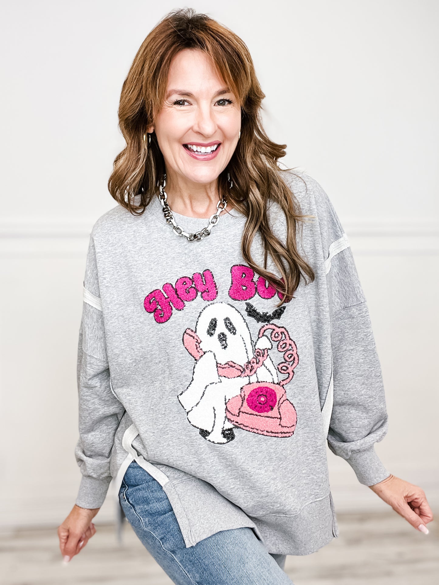 Hey Boo Towel & Sequins Embroidery Sweatshirt