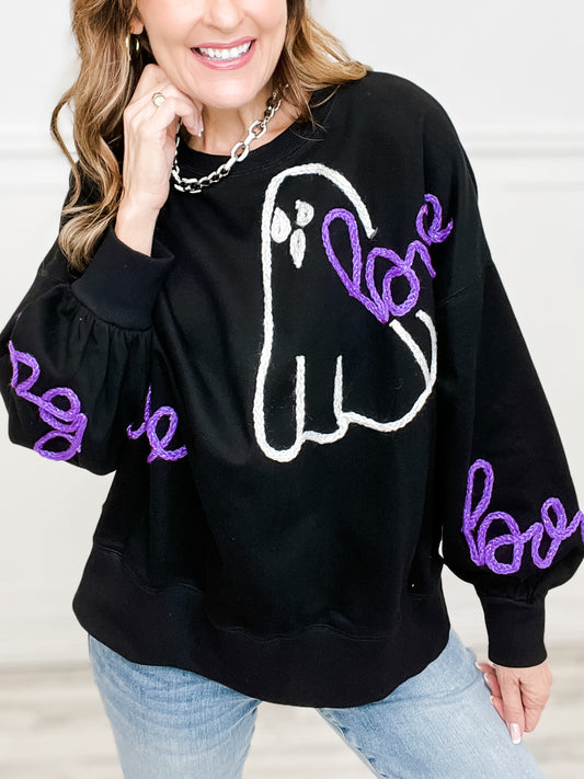 Boo & Ghost Thread Embroidery Oversized Sweatshirt