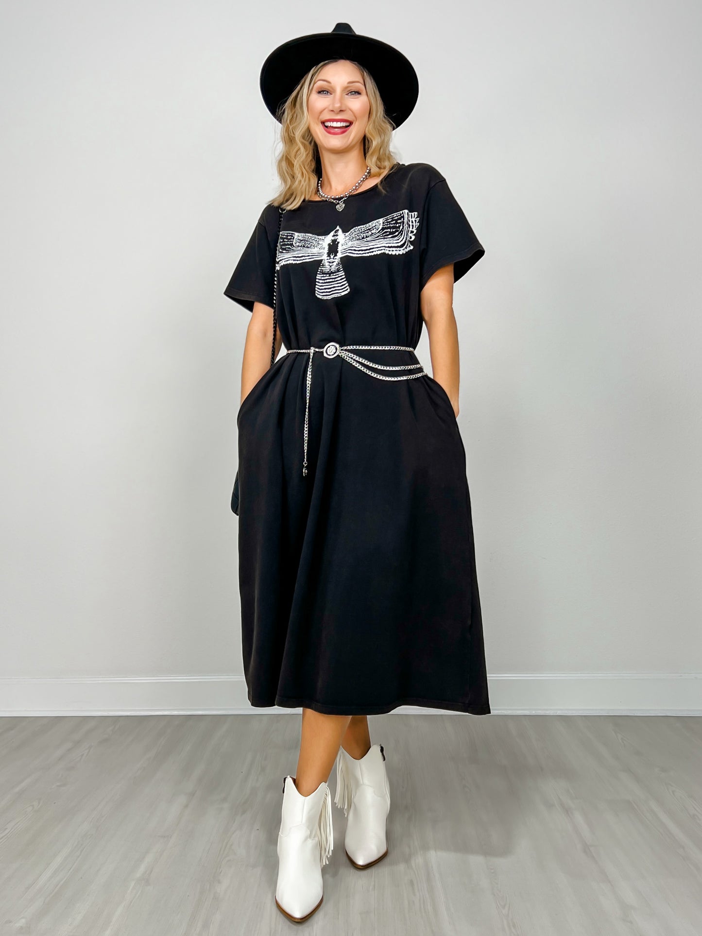 Eagle Print Short Sleeve Midi Dress