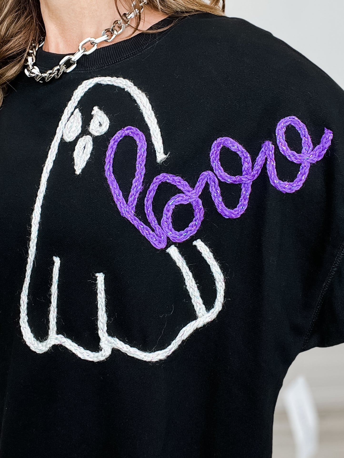 Boo & Ghost Thread Embroidery Oversized Sweatshirt