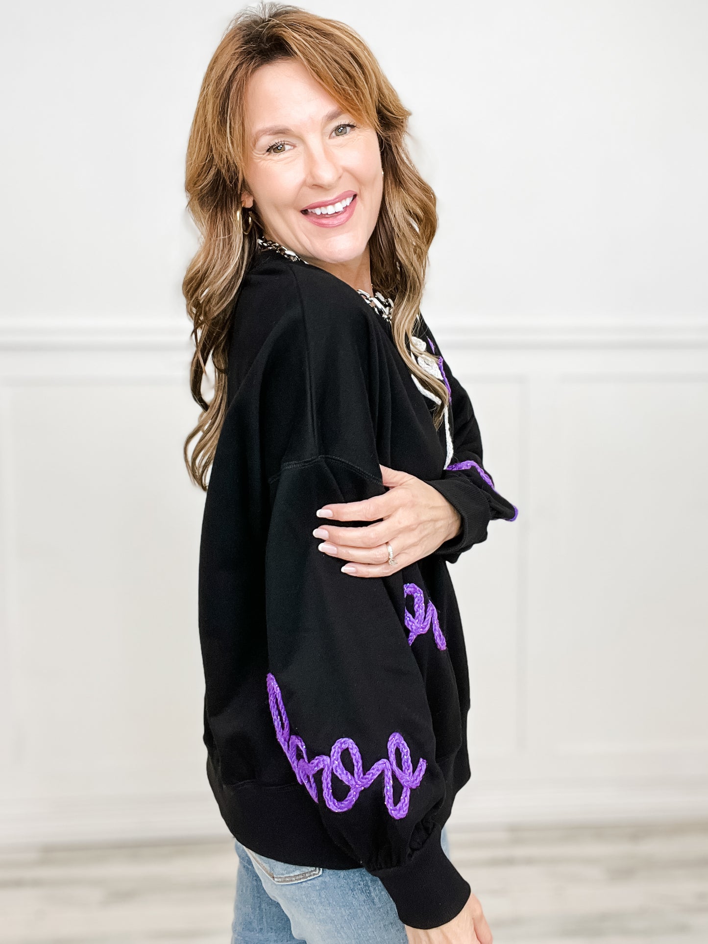 Boo & Ghost Thread Embroidery Oversized Sweatshirt