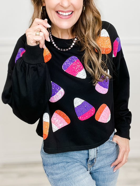 Halloween Candy Corn Embroidery Cropped Sweatshirt