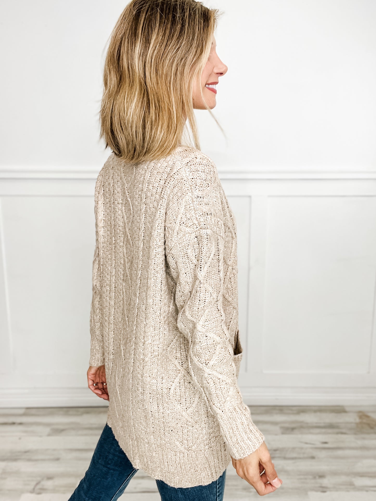 Open Front Cable Cardigan with Pocket in Beige