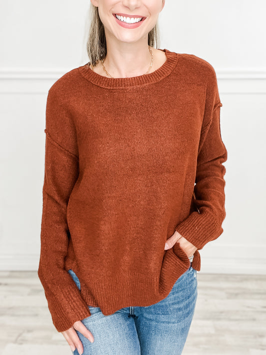 Raw Edge Seam Detail Wide Crew Neck Sweater