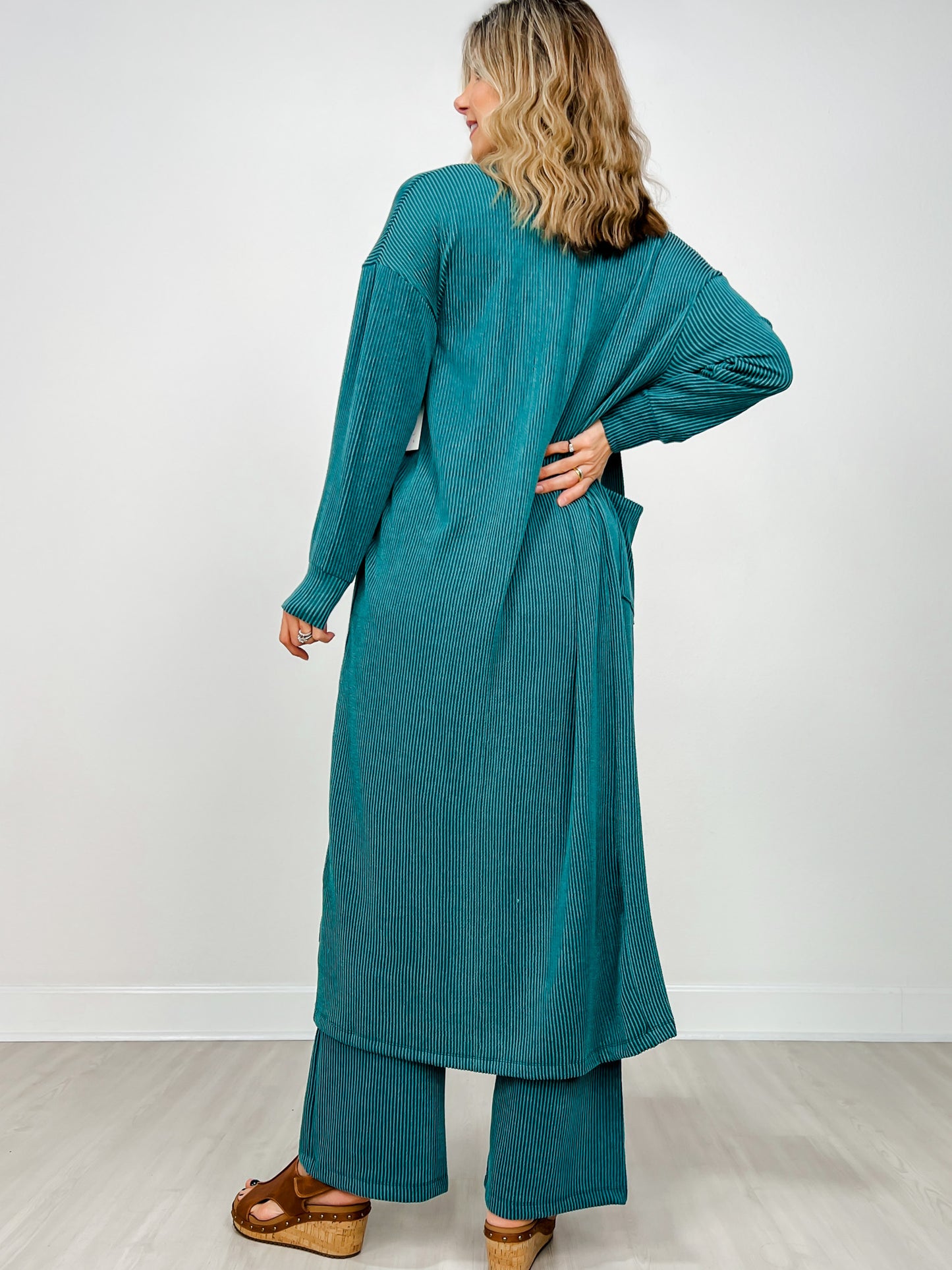 Sunrise Ribbed Knit Cardigan & Pants Set in JEWEL GREEN