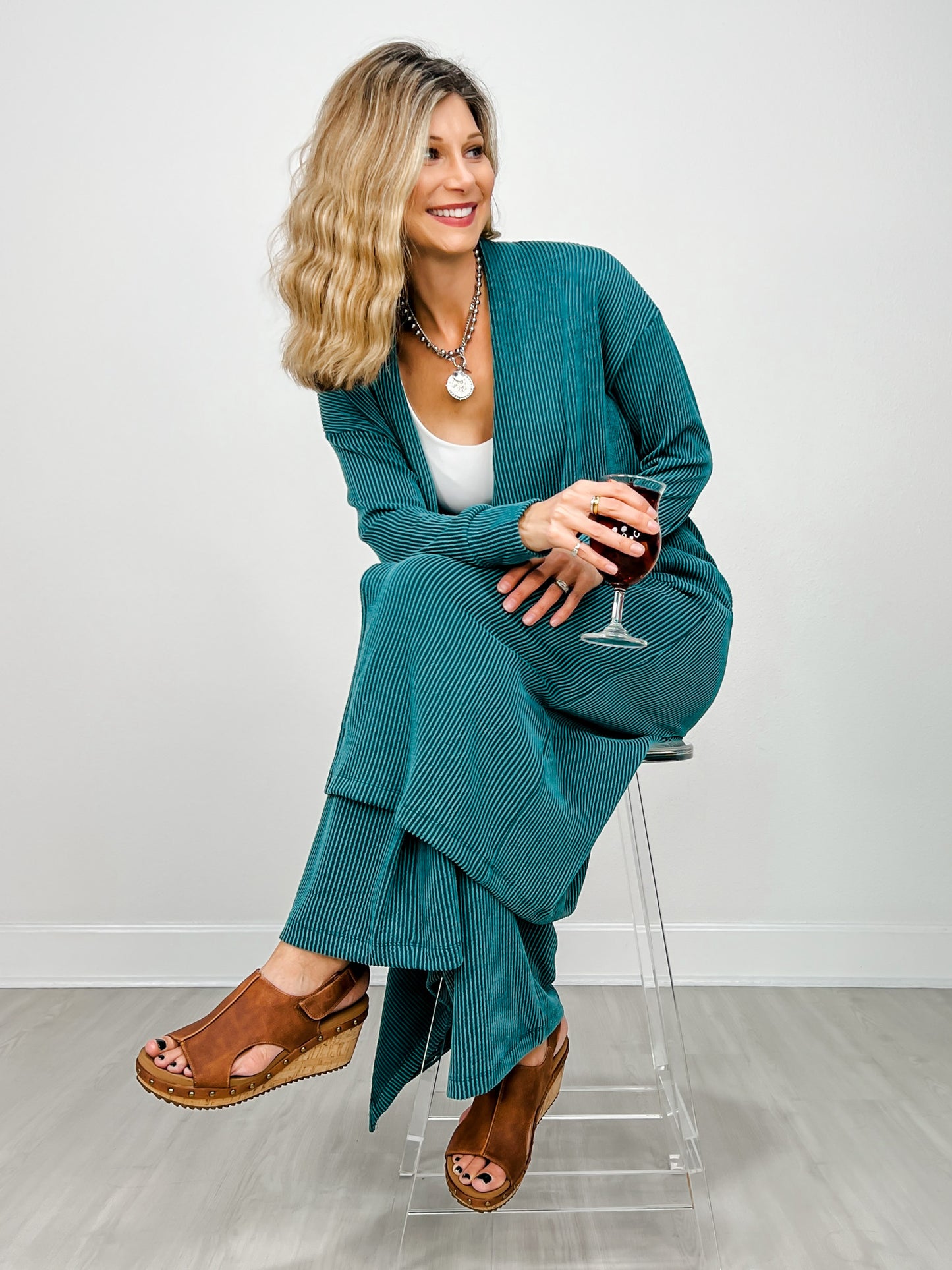 Sunrise Ribbed Knit Cardigan & Pants Set in JEWEL GREEN