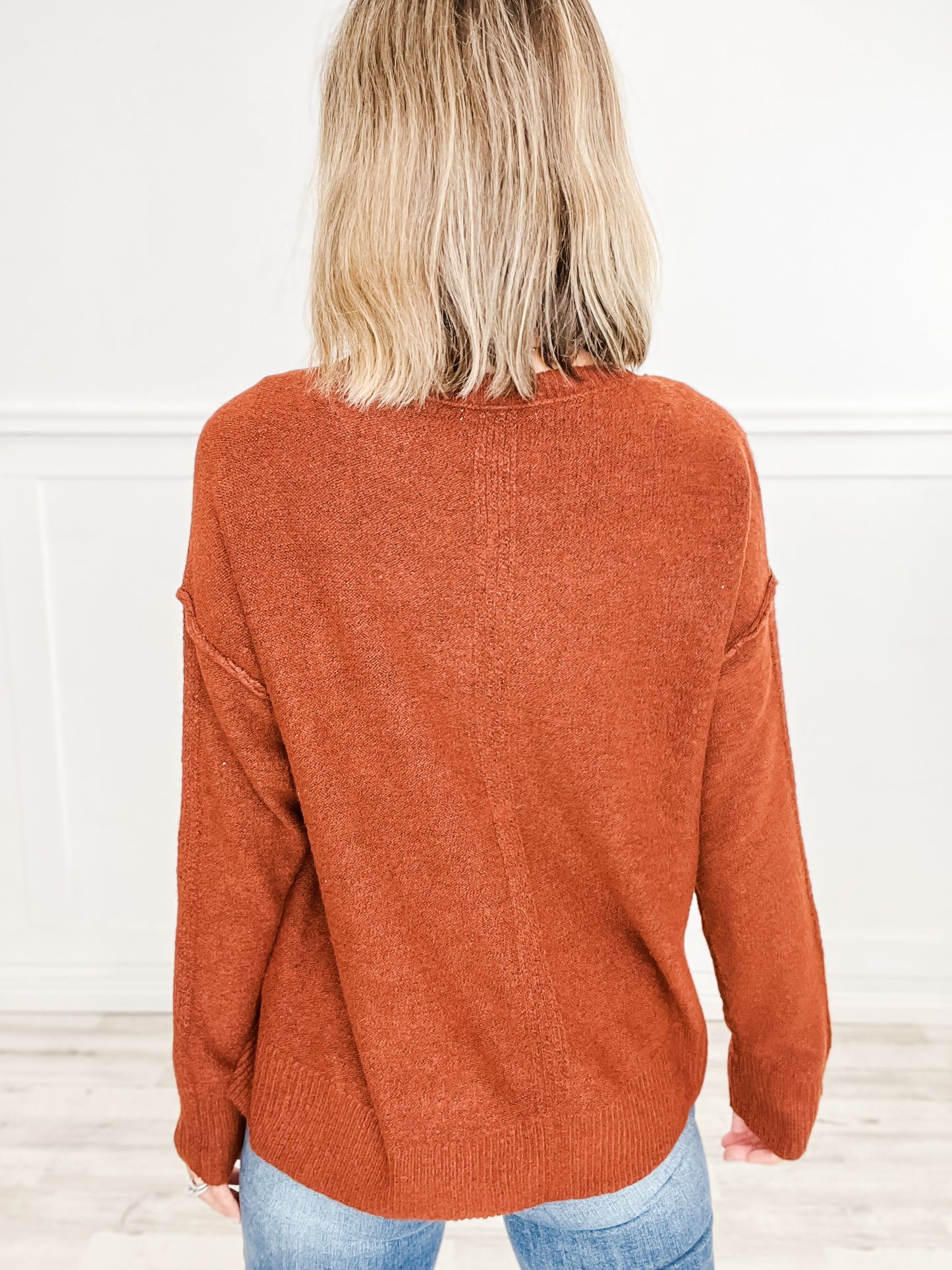 Raw Edge Seam Detail Wide Crew Neck Sweater