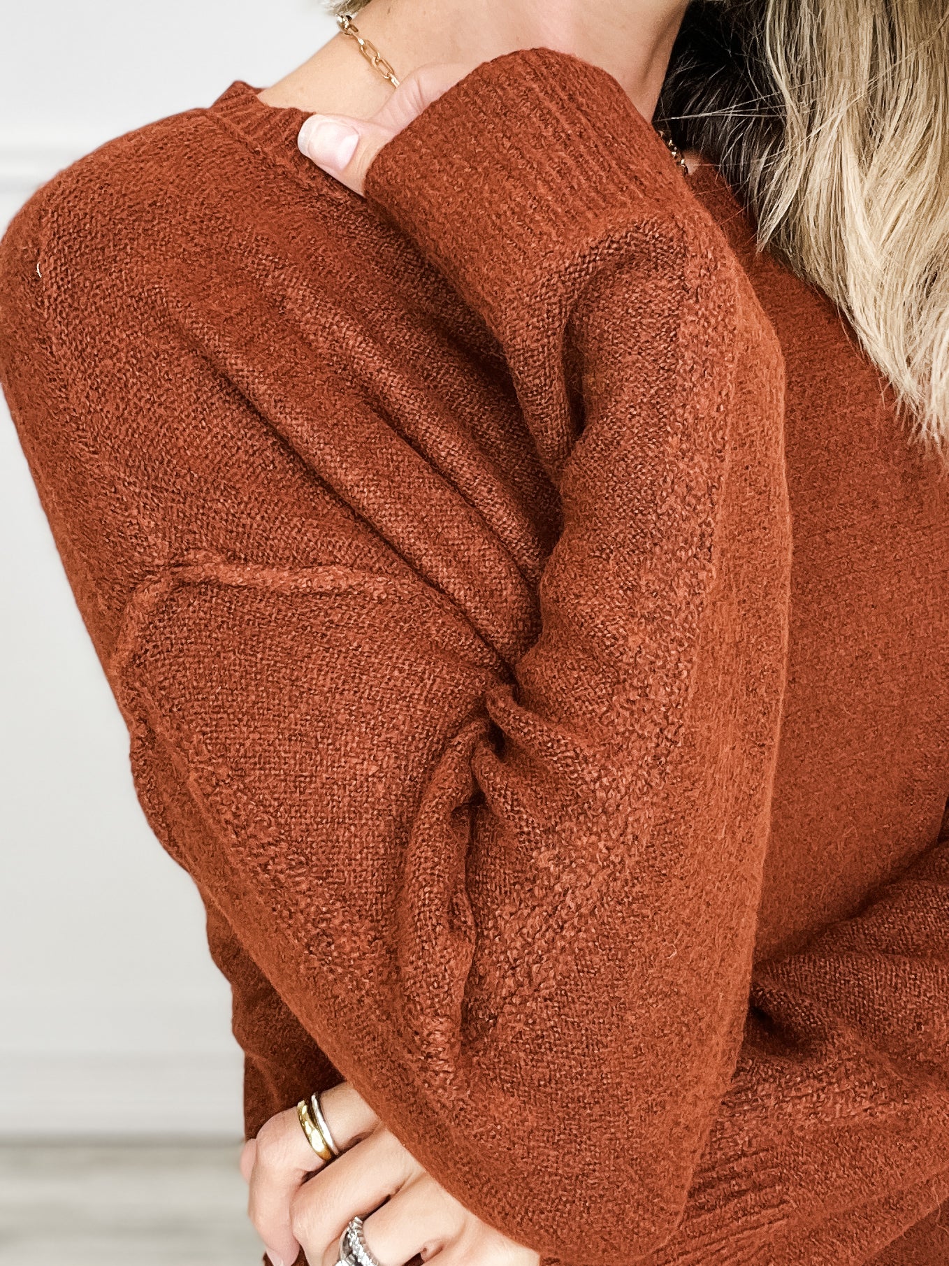 Raw Edge Seam Detail Wide Crew Neck Sweater