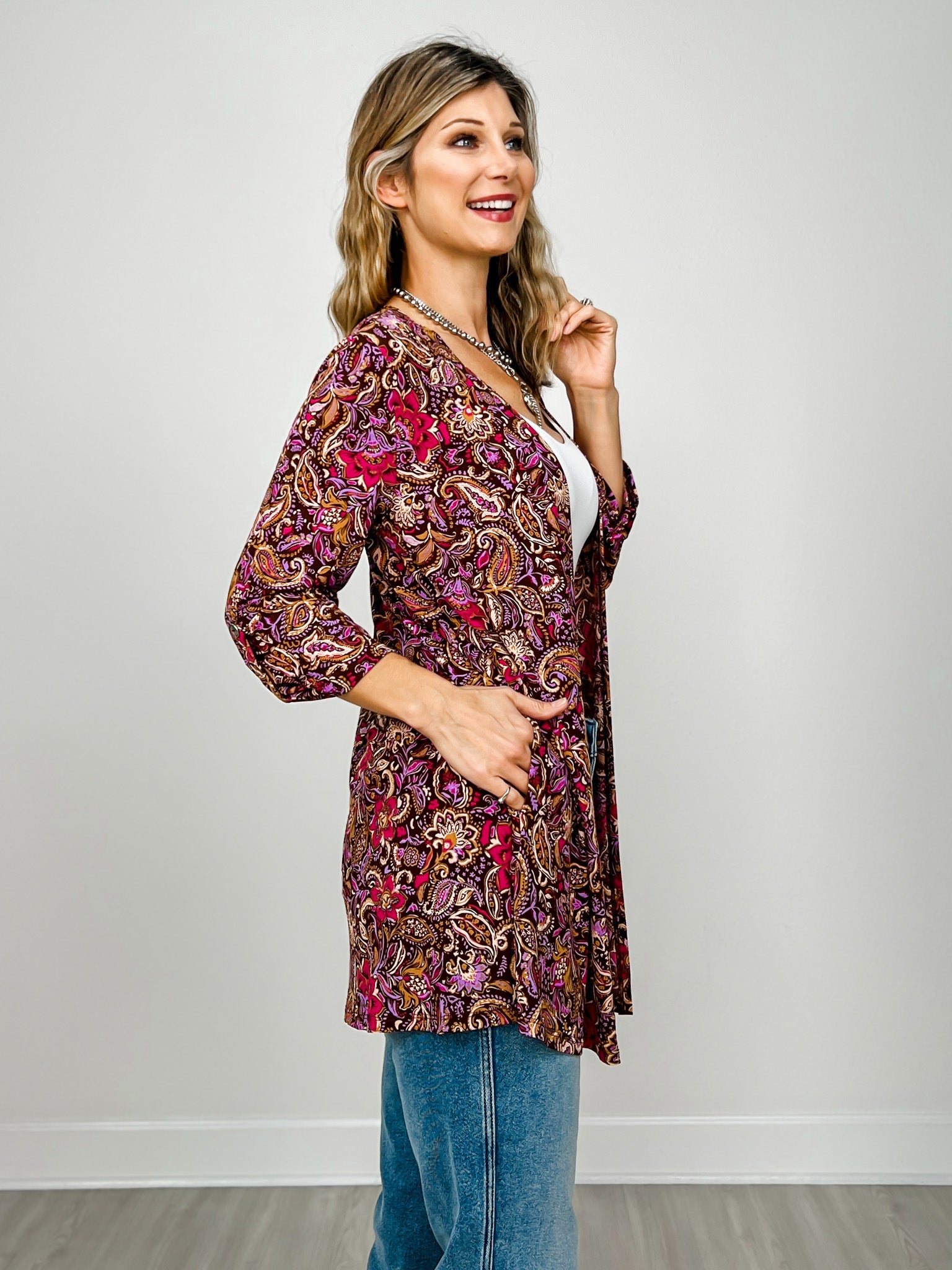 Liz Open Front Chocolate Floral Cardigan