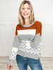 COLORBLOCK CHECKERBOARD WIDE CREW NECK LONG SLEEVE