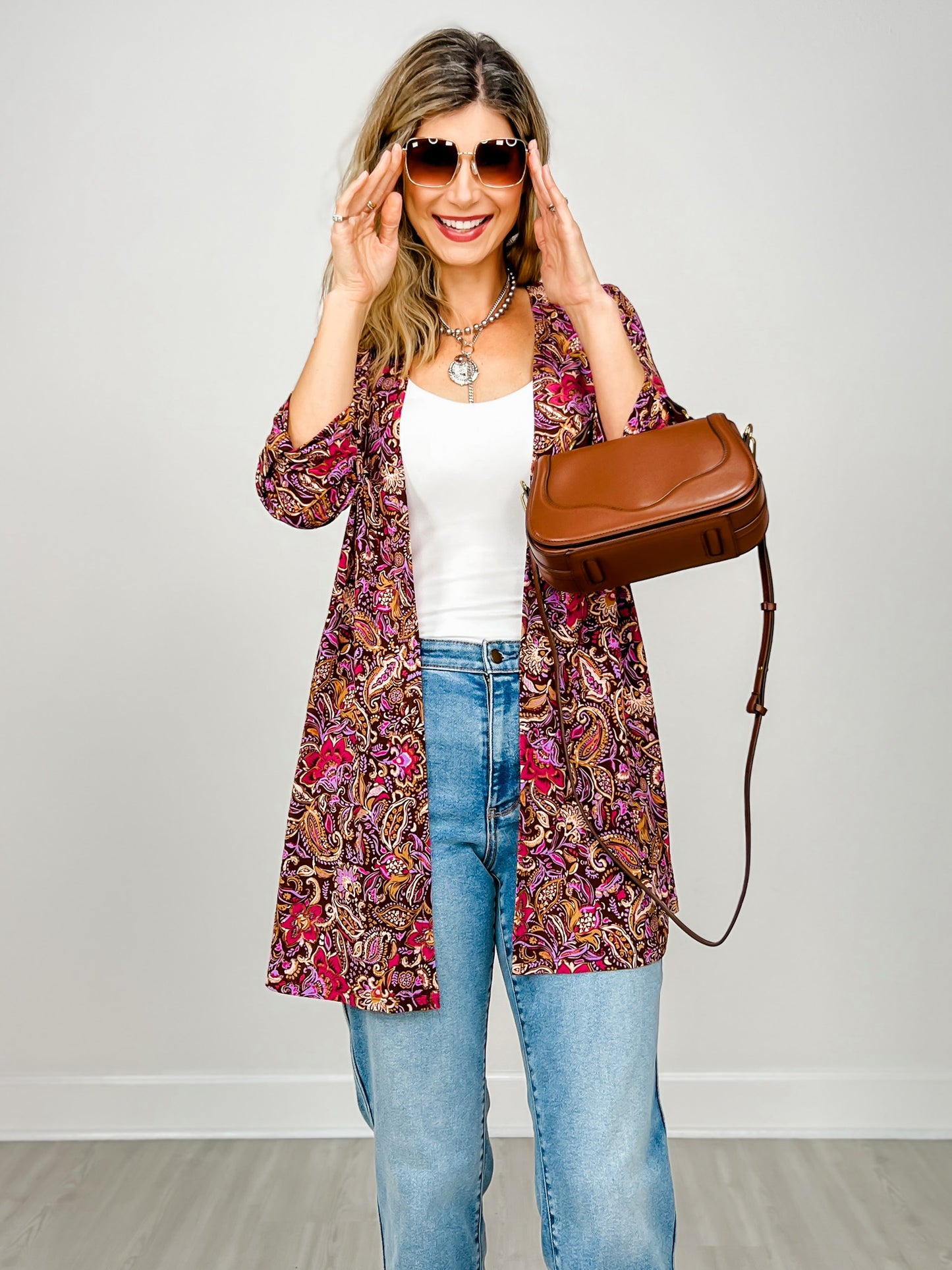 Liz Open Front Chocolate Floral Cardigan