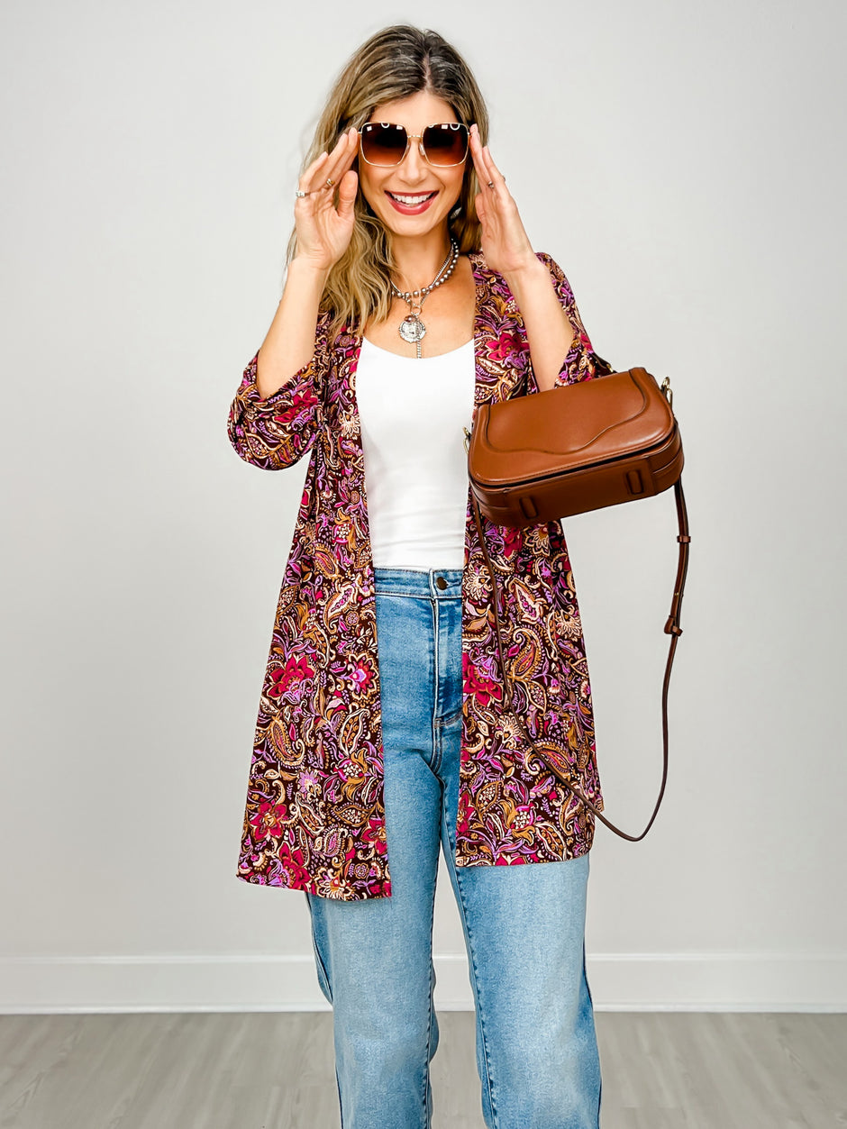 Liz Open Front Chocolate Floral Cardigan
