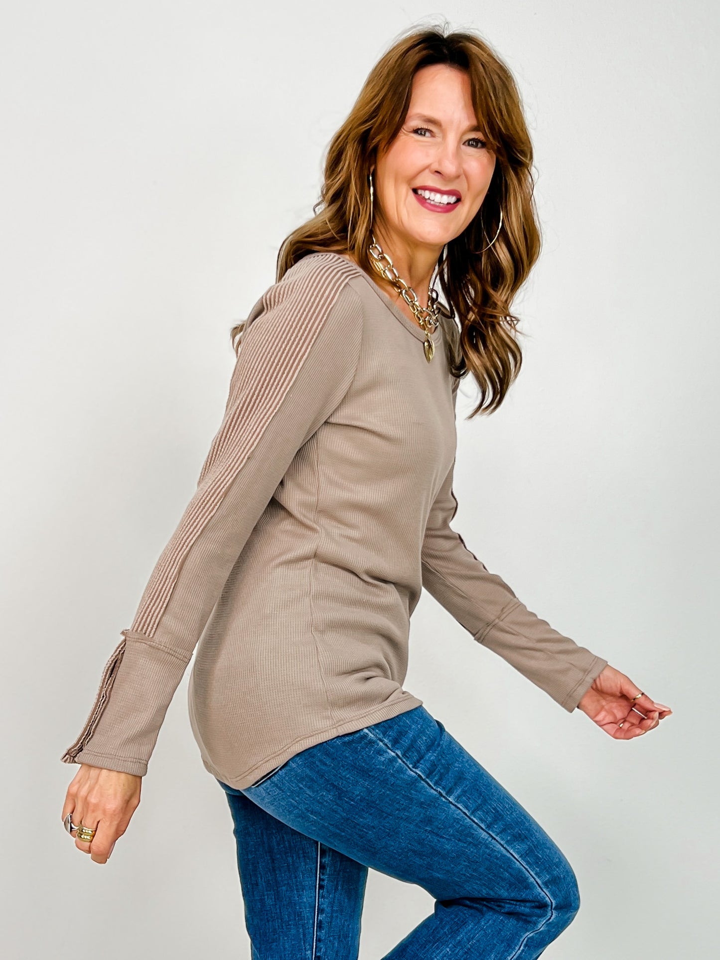 Long Sleeve Ribbed Top with Button Sleeves
