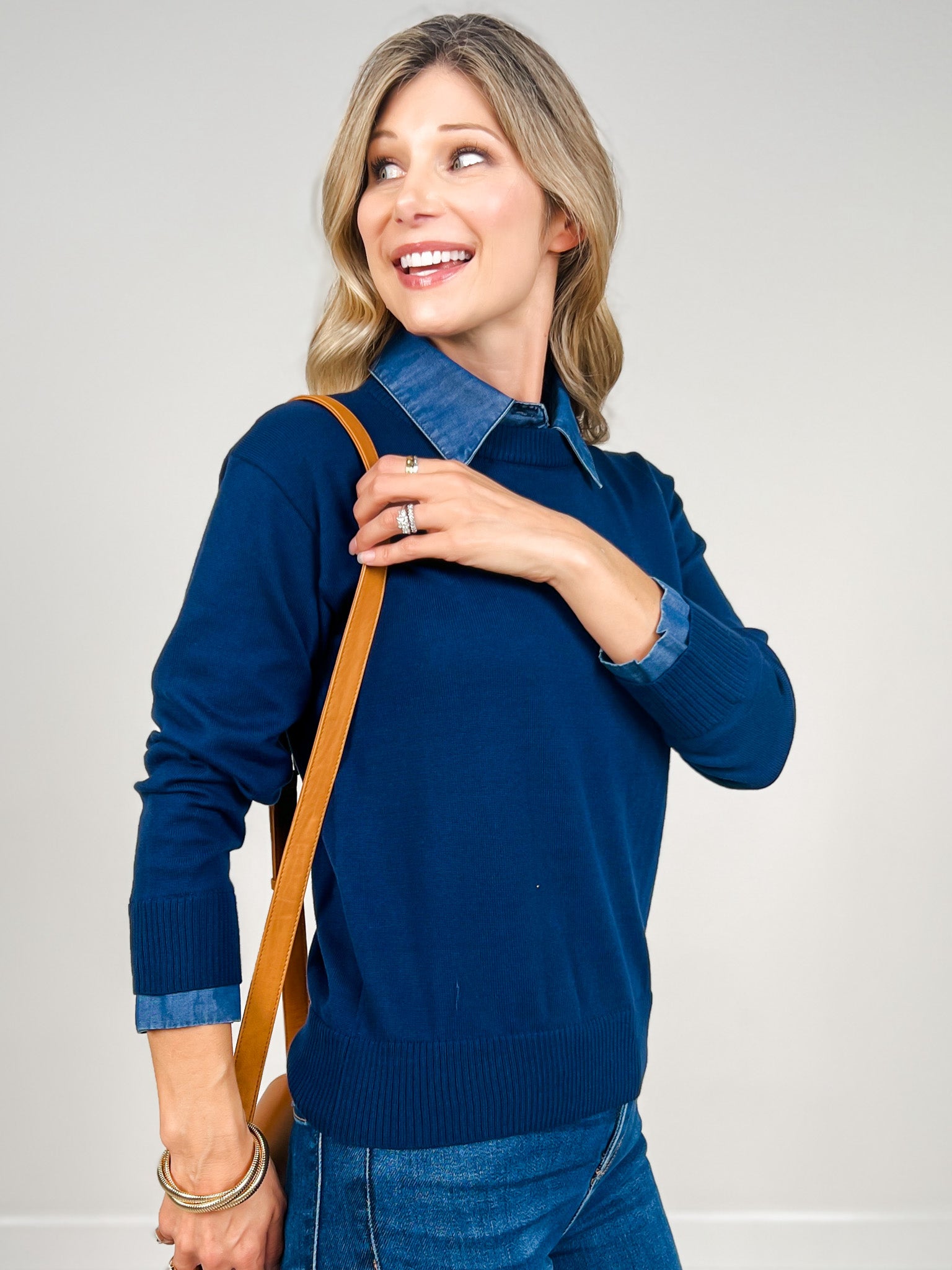 Lightweight Luxe Sweater with Removable Collar in Navy