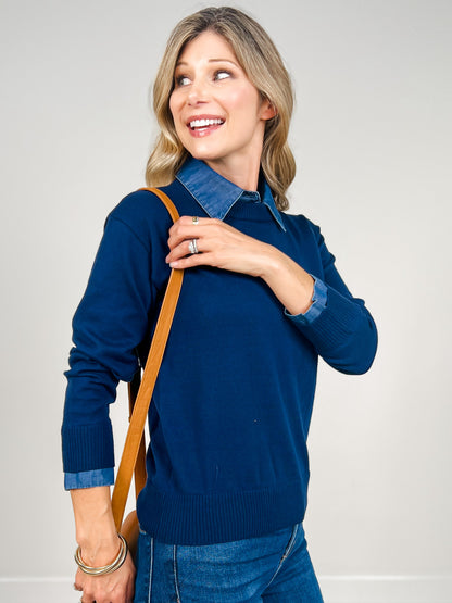 Lightweight Luxe Sweater with Removable Collar in Navy