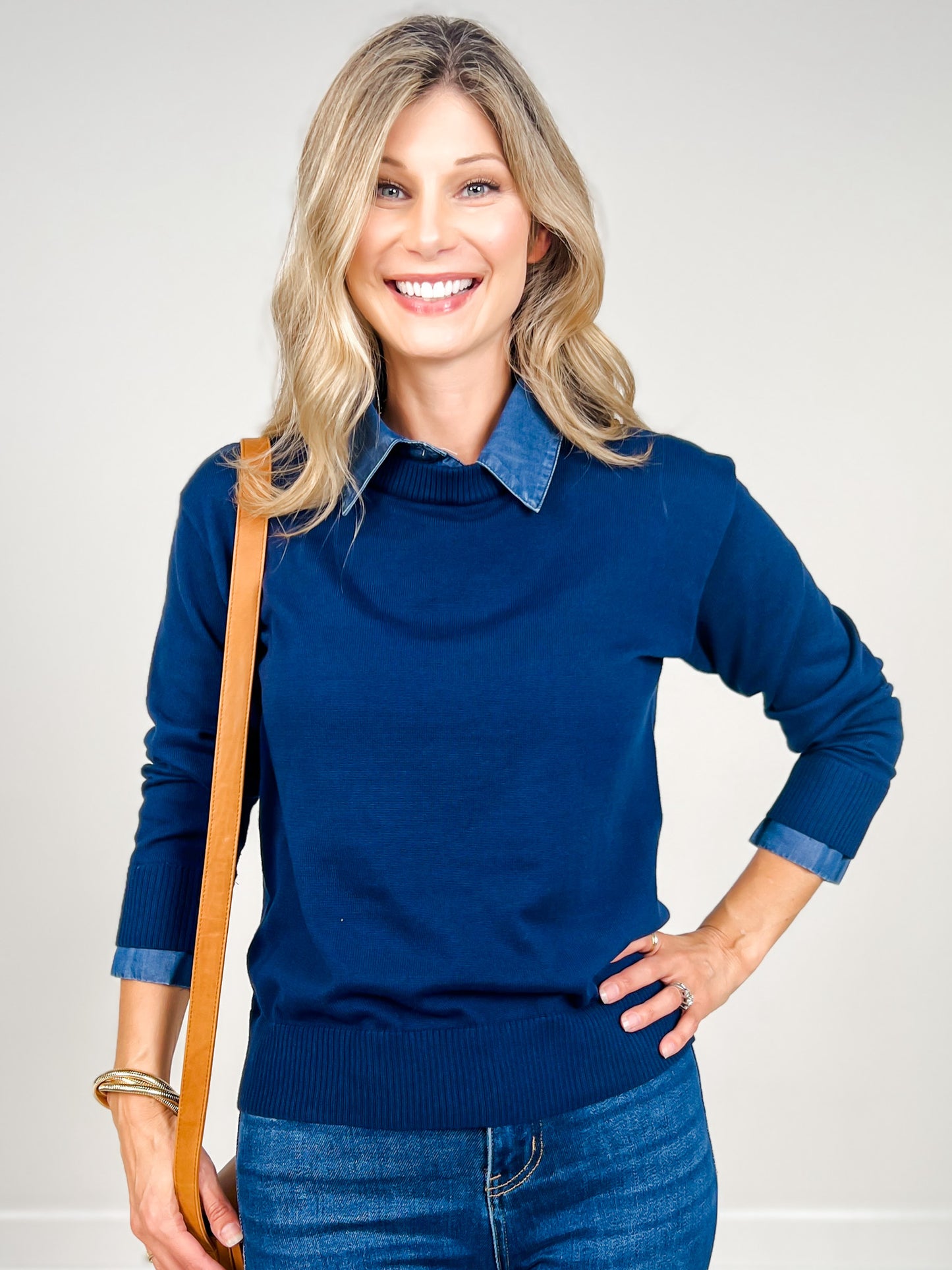 Lightweight Luxe Sweater with Removable Collar in Navy