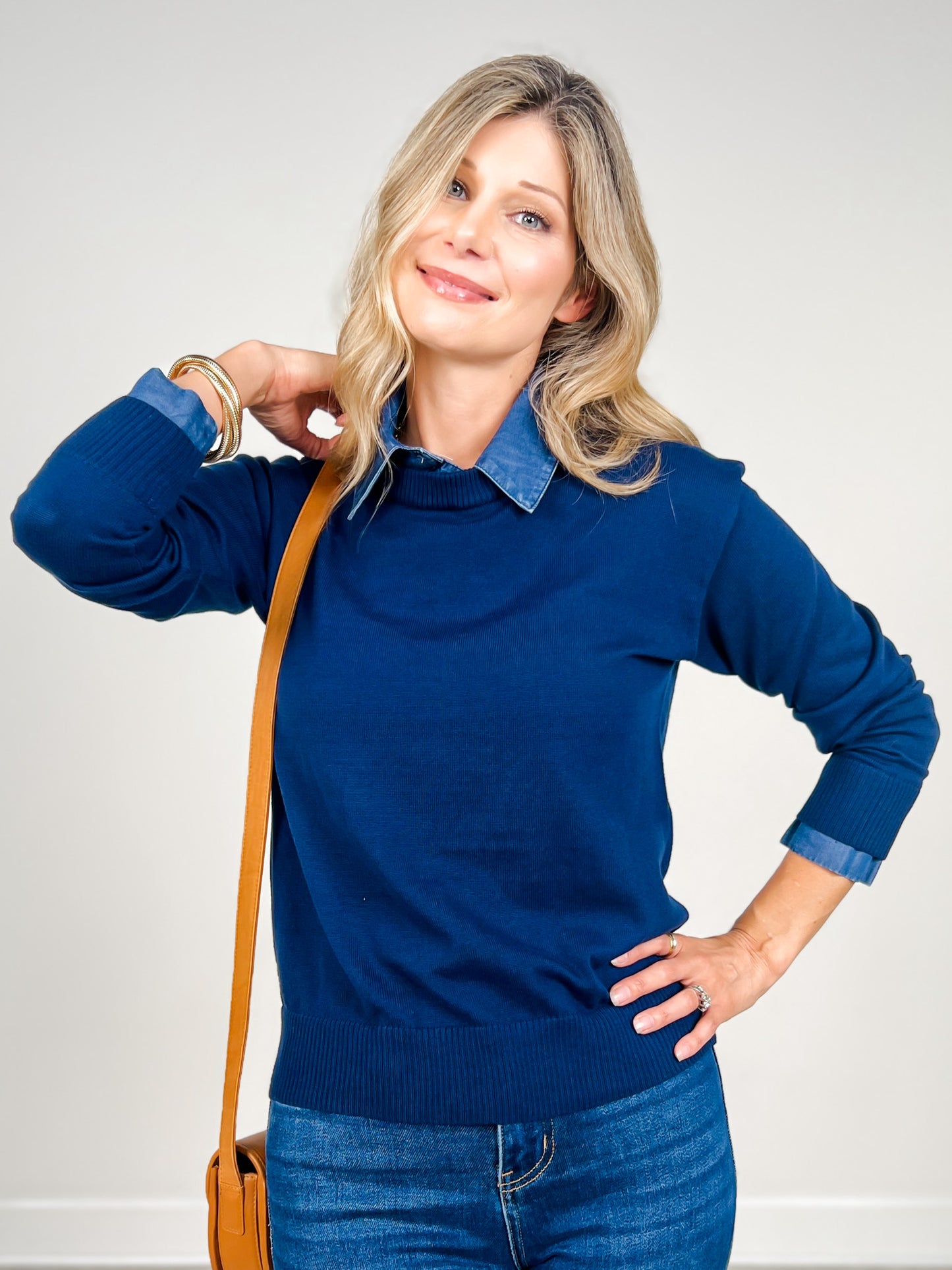 Lightweight Luxe Sweater with Removable Collar in Navy