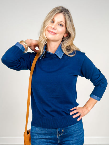 Lightweight Luxe Sweater with Removable Collar in Navy