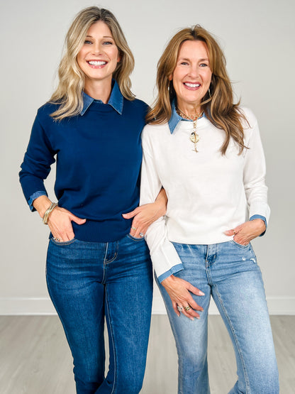 Lightweight Luxe Sweater with Removable Collar in White