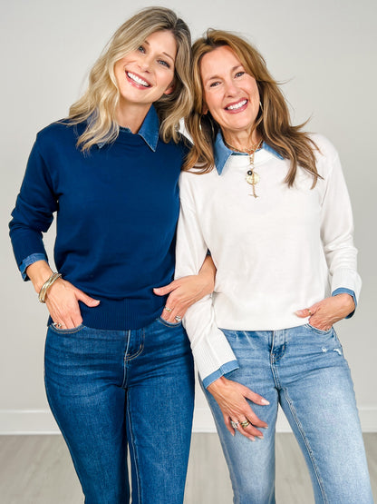 Lightweight Luxe Sweater with Removable Collar in Navy