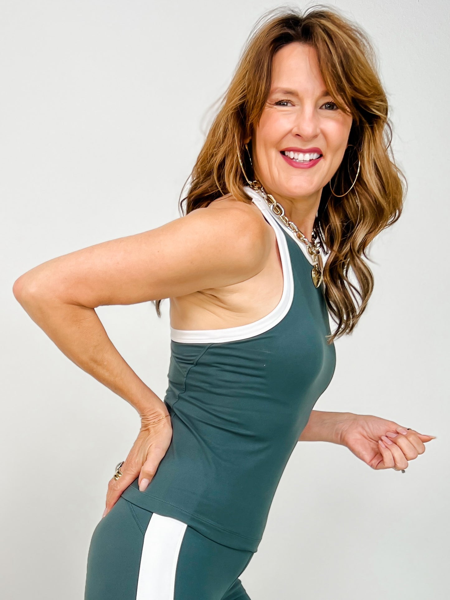 Butter Soft Contrast Racerback Tank Top in Smoked Spruce White