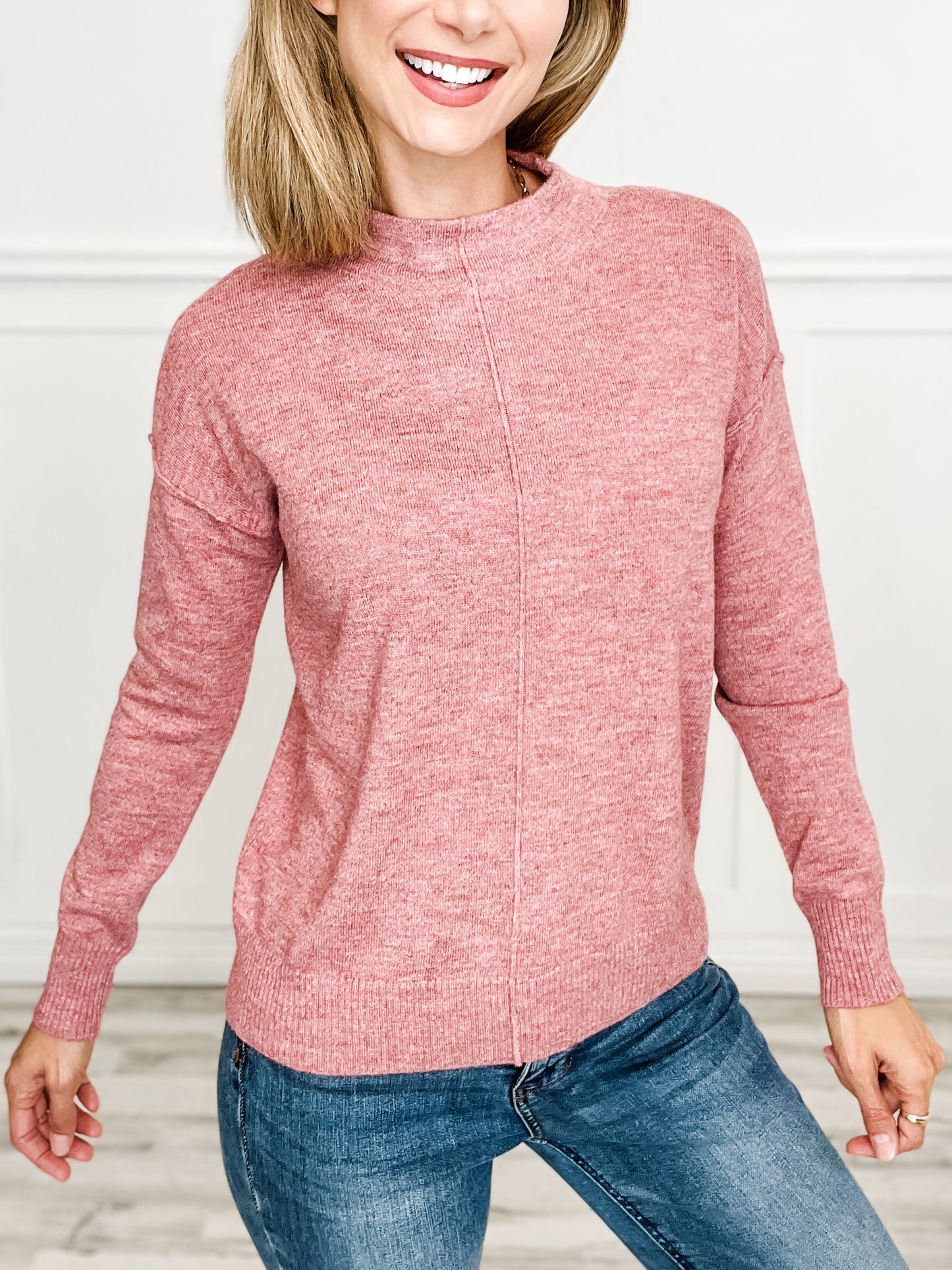 Mock Neck Center Seam Pullover Sweater in Auburn