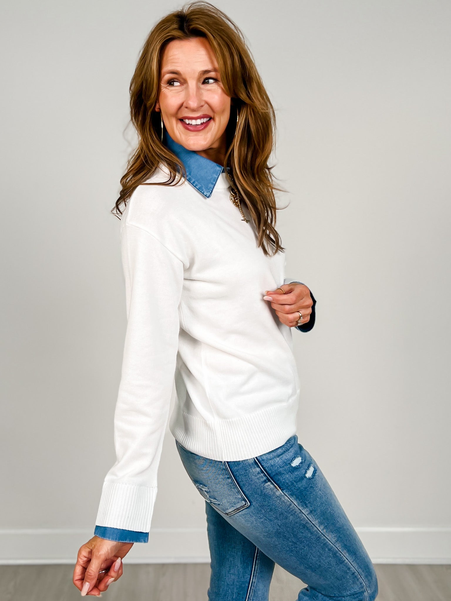 Lightweight Luxe Sweater with Removable Collar in White