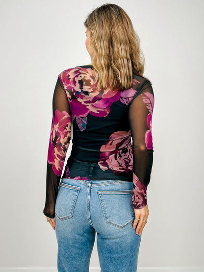 Long Sleeve Mesh Top with Floral Print