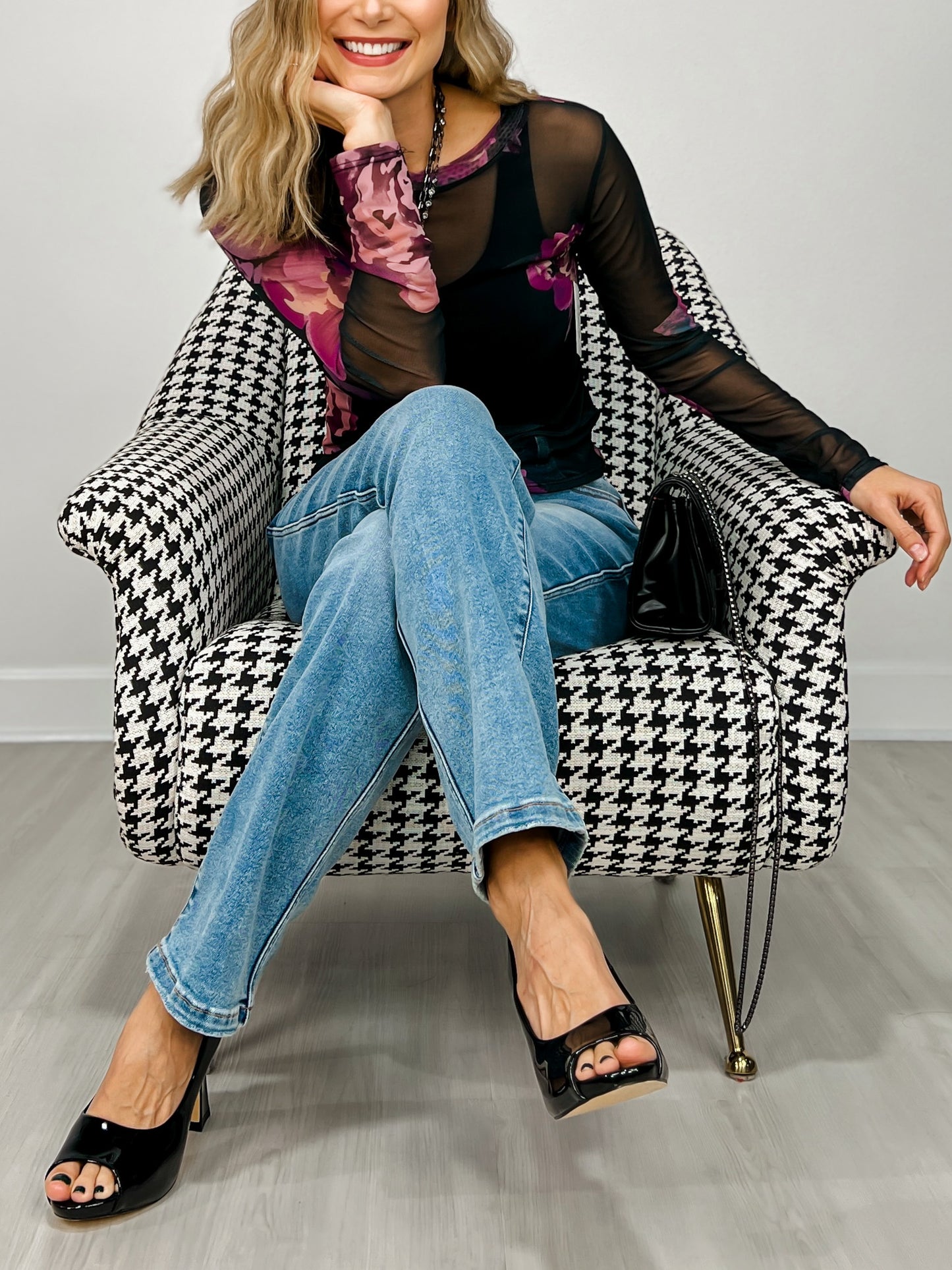 Long Sleeve Mesh Top with Floral Print