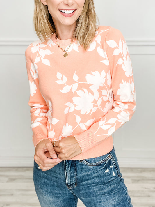 Flower Jacquard Color Rib Detail Crew Neck Sweater in Peach