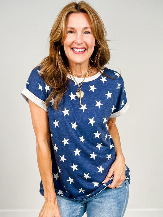 French Terry Short Sleeve Star Print Top
