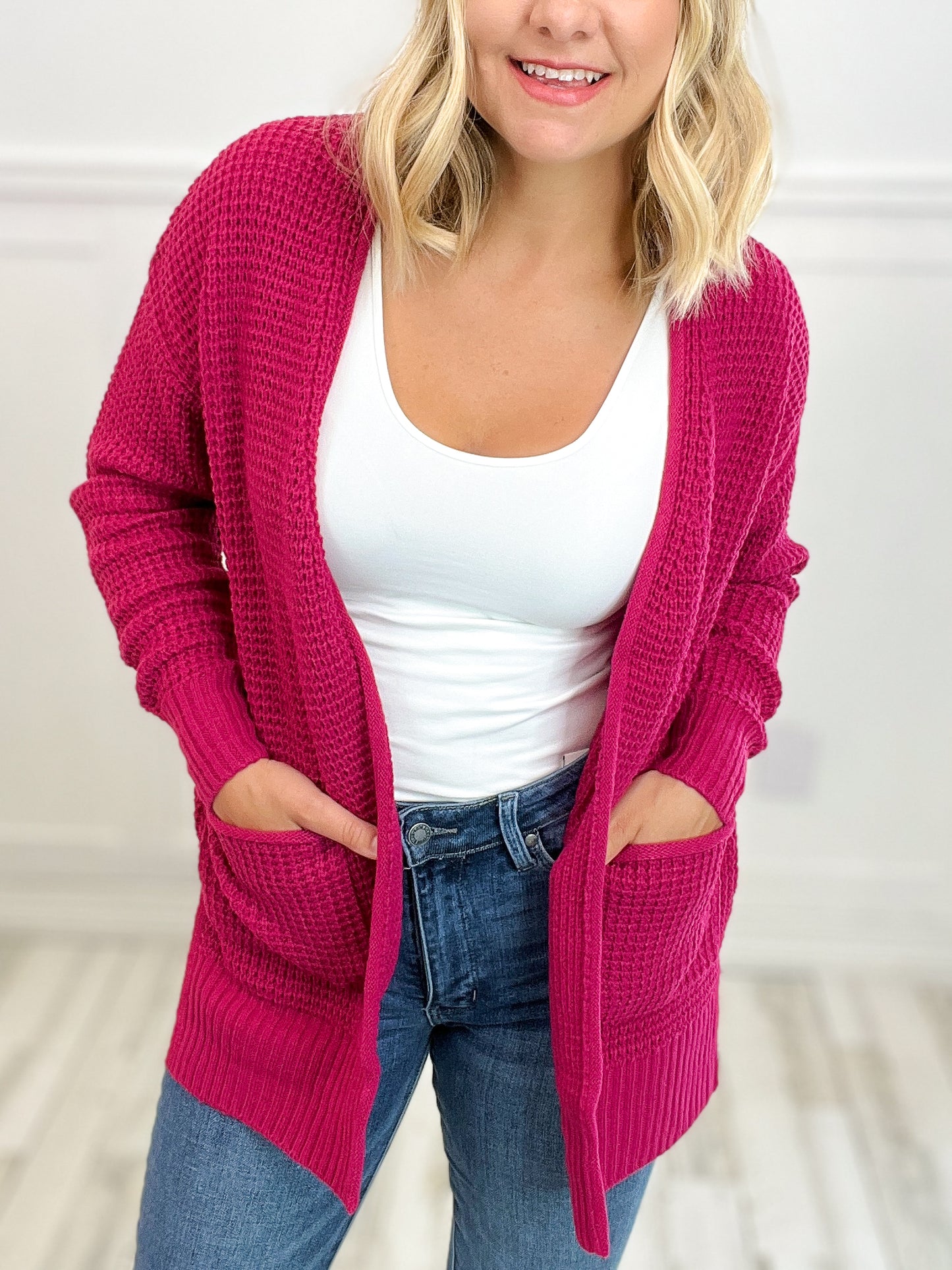 Endless Love Low Gauge Waffle Open Cardigan Sweater Top - B