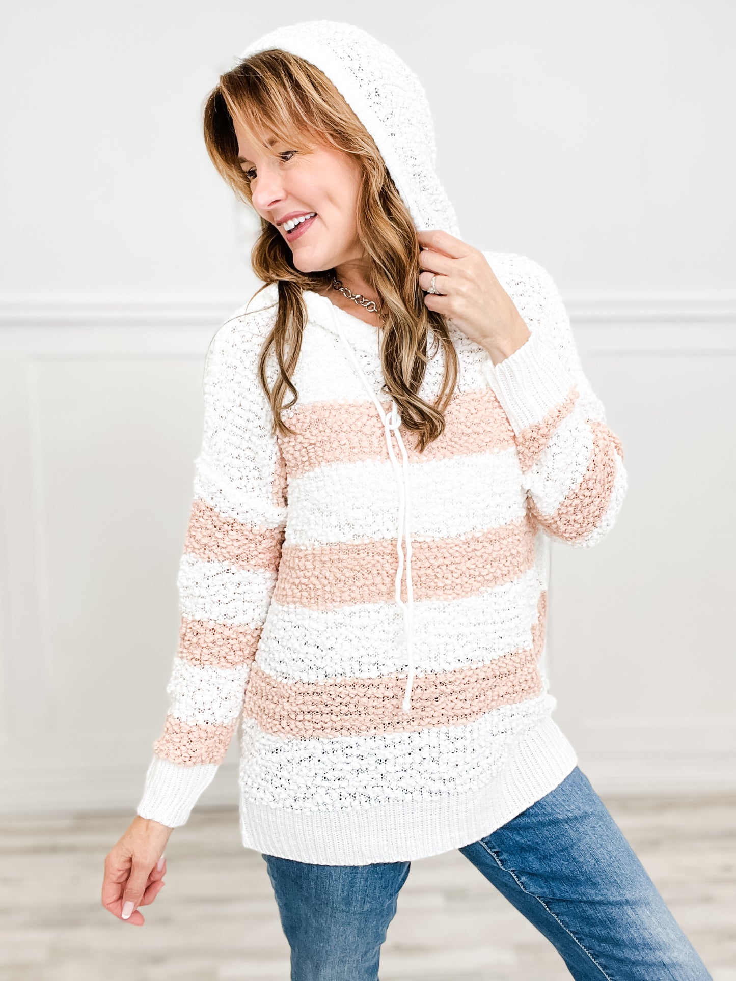 Striped Long Sleeve Popcorn Hoodie Sweater Top