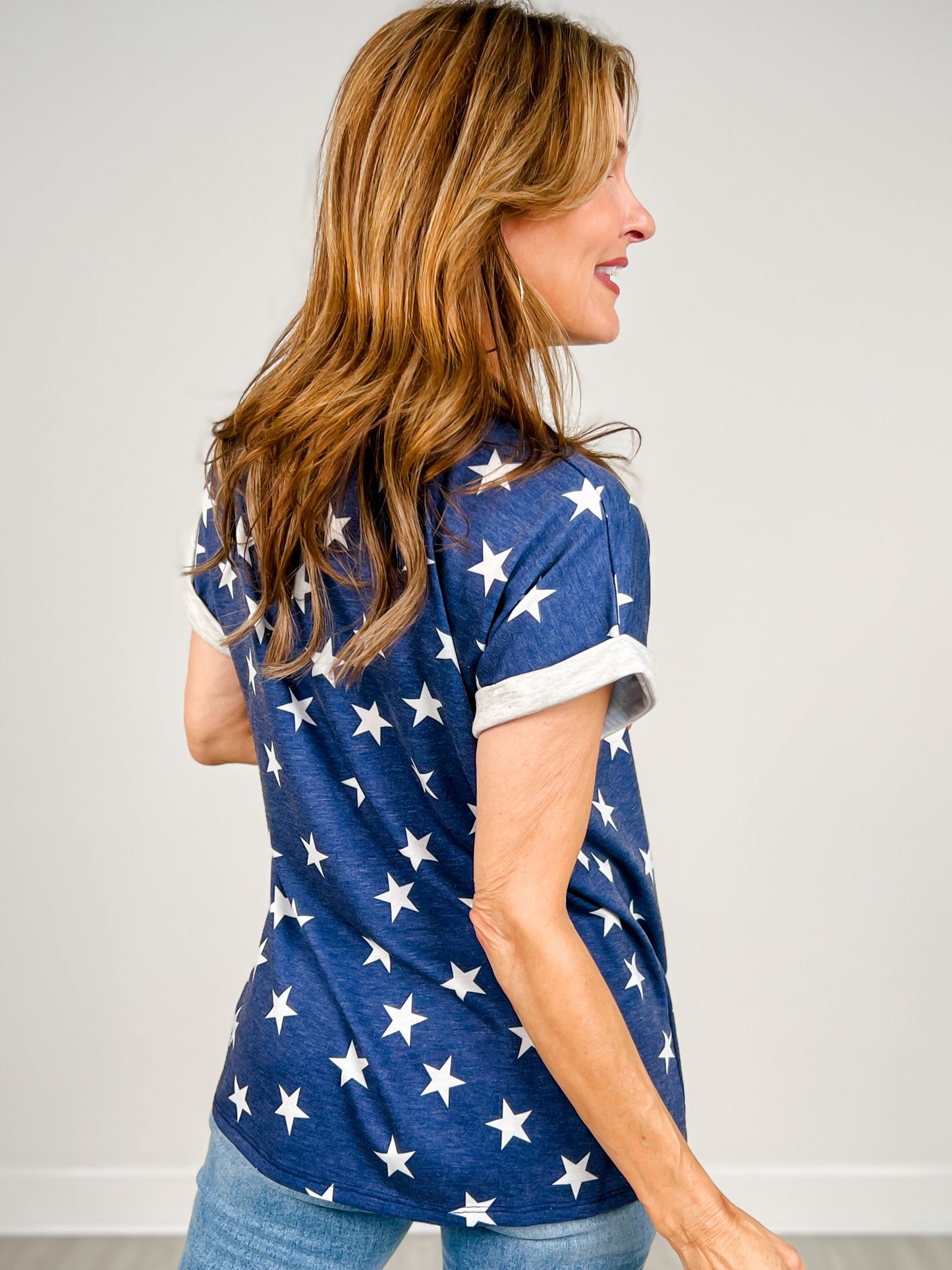 French Terry Short Sleeve Star Print Top
