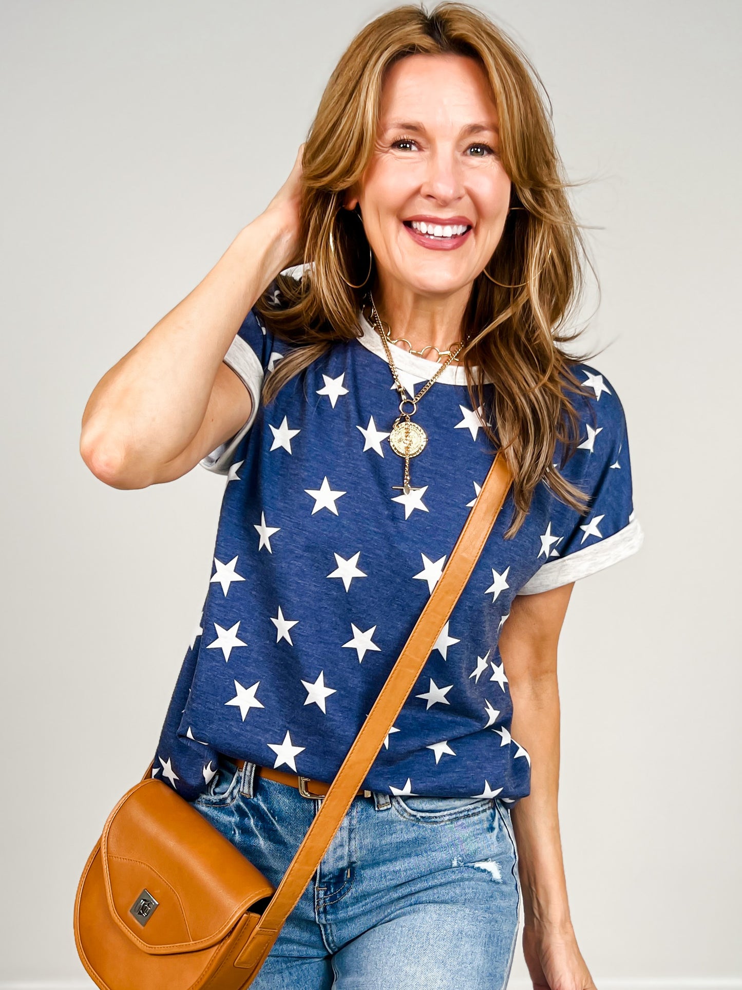 French Terry Short Sleeve Star Print Top