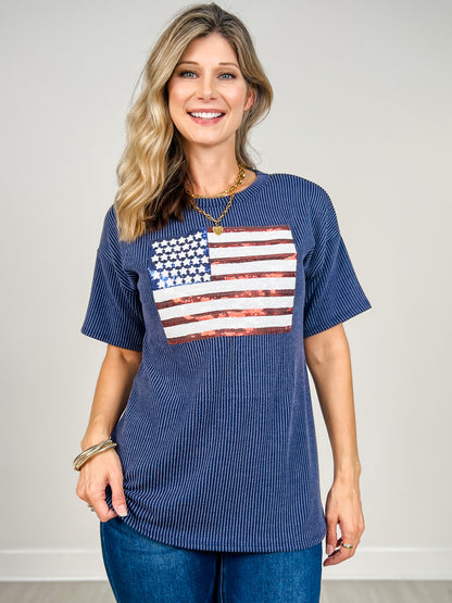 Short Sleeve Sequin Flag Patch Top