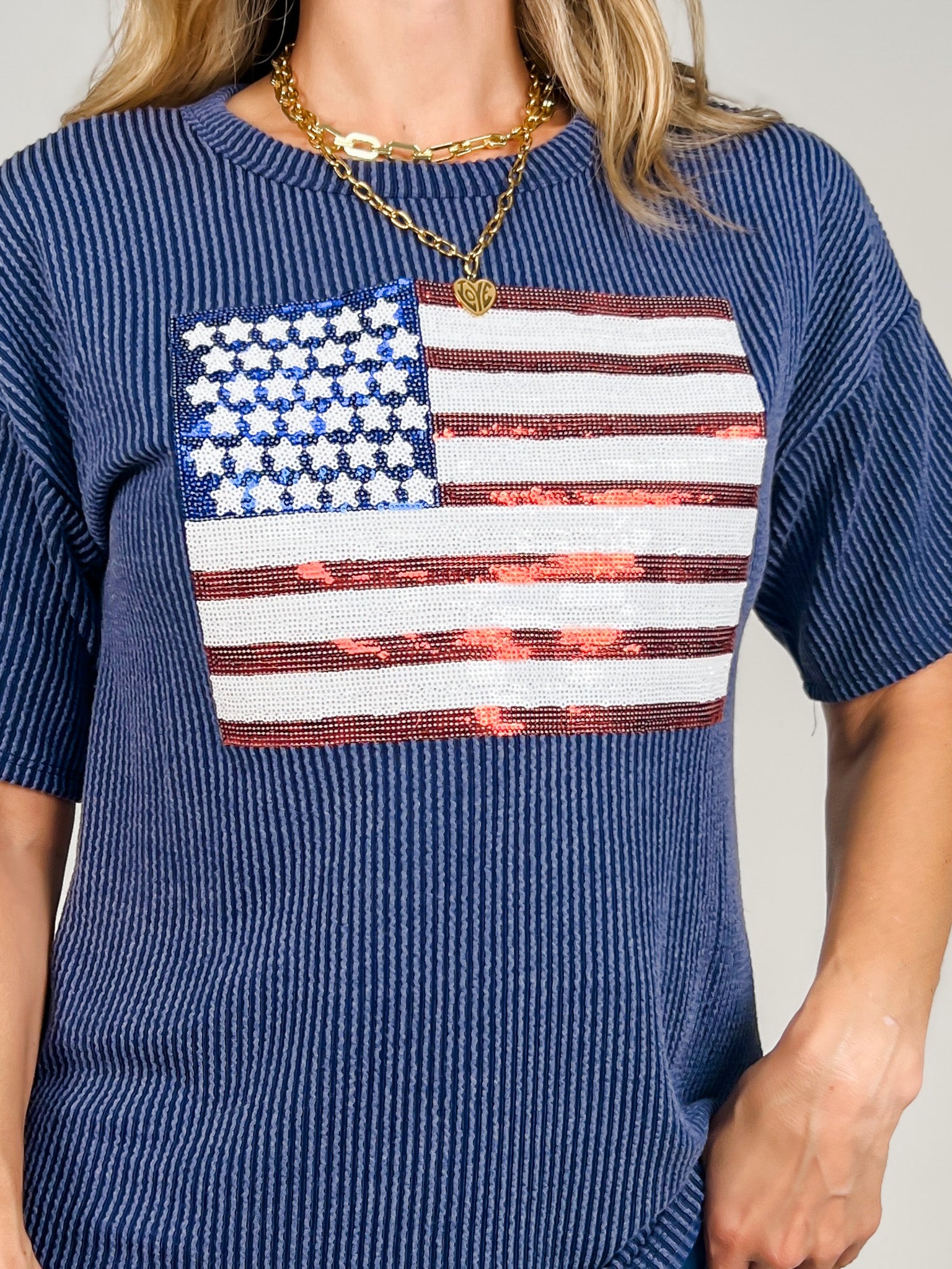 Short Sleeve Sequin Flag Patch Top