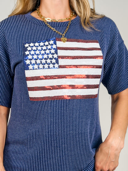 Short Sleeve Sequin Flag Patch Top