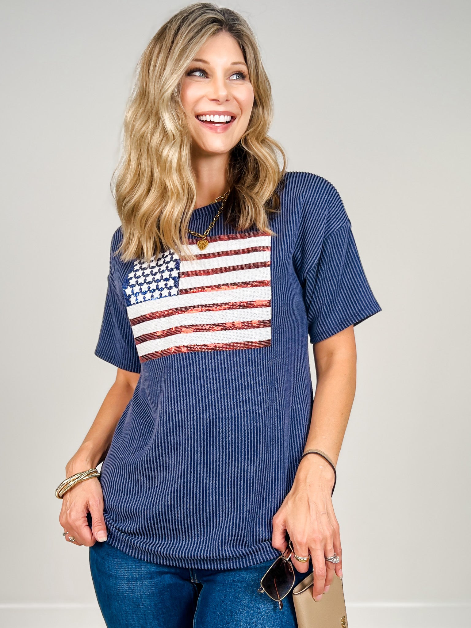 Short Sleeve Sequin Flag Patch Top